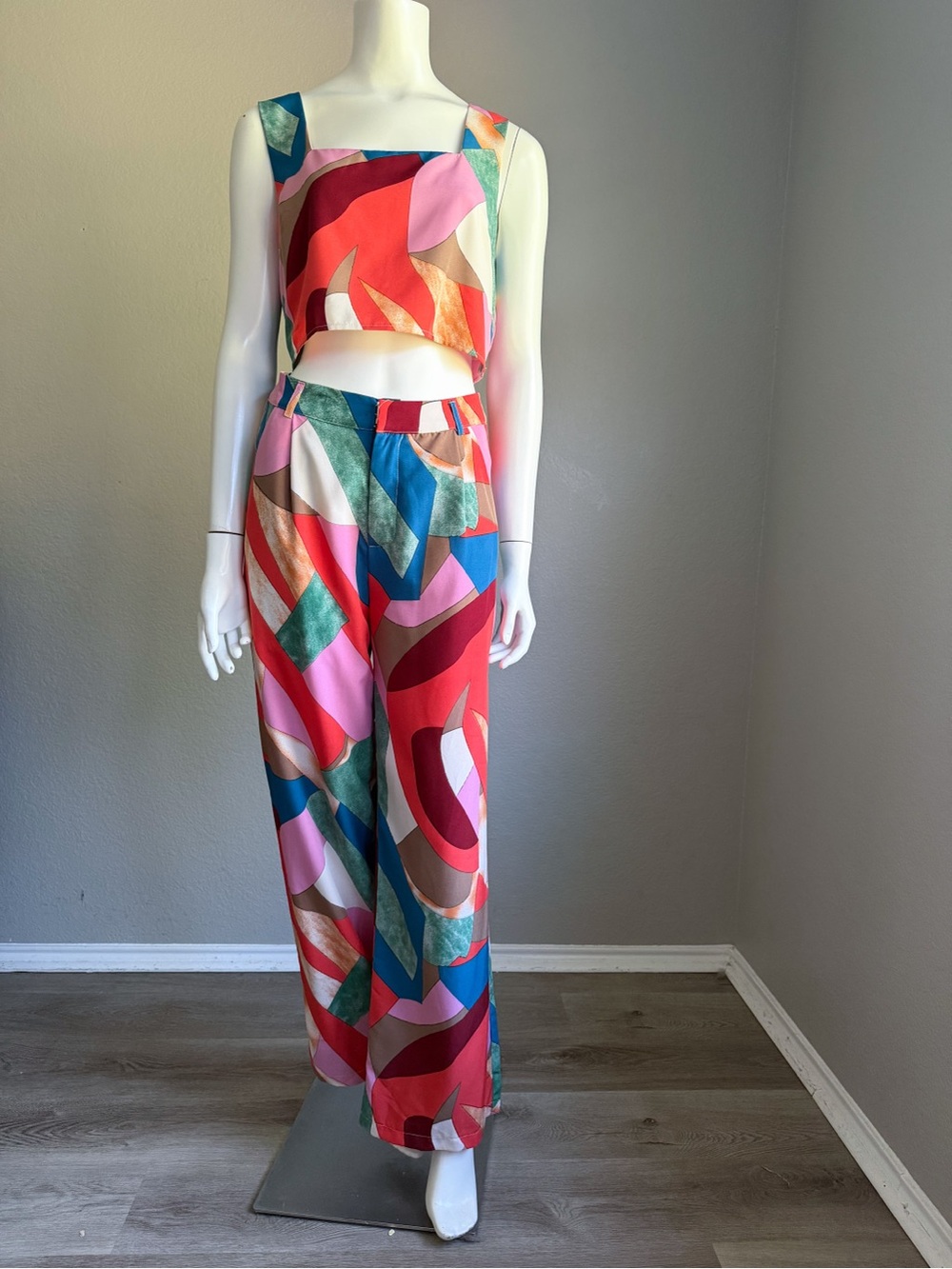 Entro 2 Piece Set Small Multicolor Abstract Crop Top Wide Leg Pants Retro 70s - Picture 2 of 15